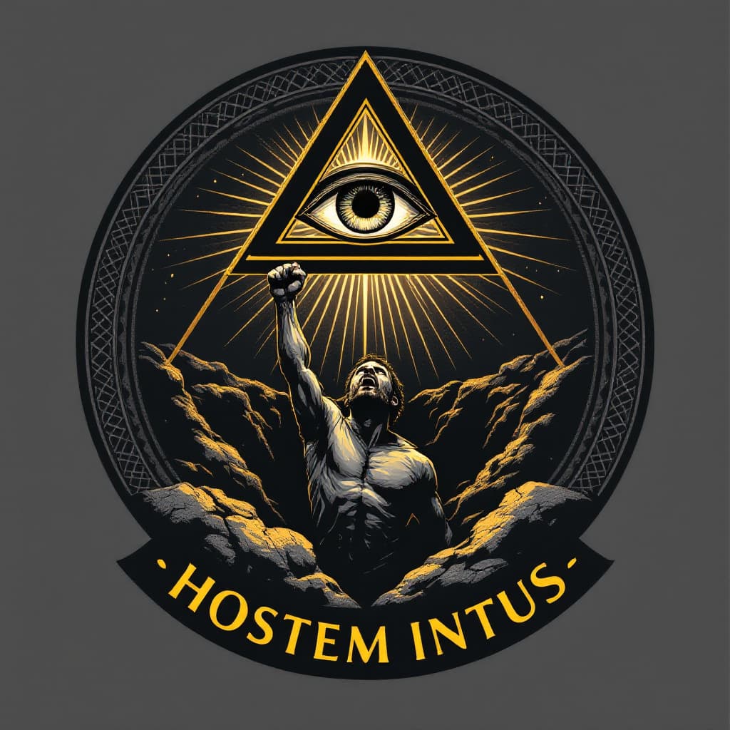 AI generated: “An emblem that embodies the concept of internal threat and struggle. At the center, a man with a de...