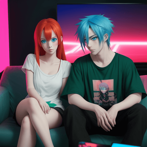 AI generated: anime girl with blue eyes and blue hair and anime guy with green eyes and red hair are sitting at th...