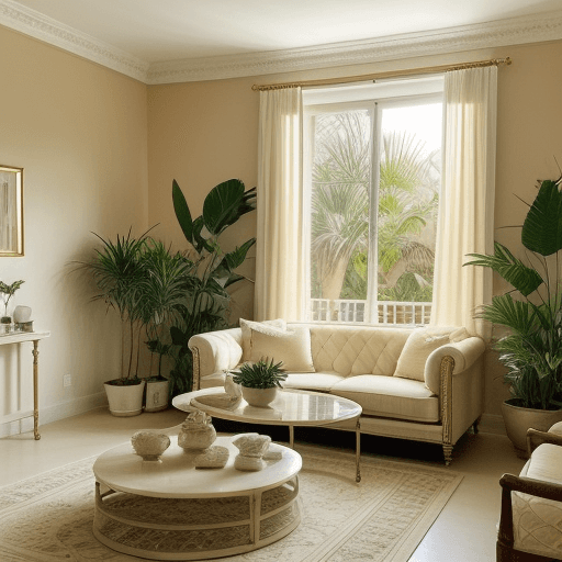 AI generated: Image of a beautiful room with a large ivory sofa, sand-colored walls, plants and many lights with a...