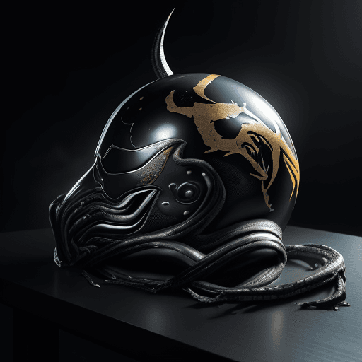 AI generated: helmet on the table with the design and character of Venom The helmet is gold and Black dark, no wat...