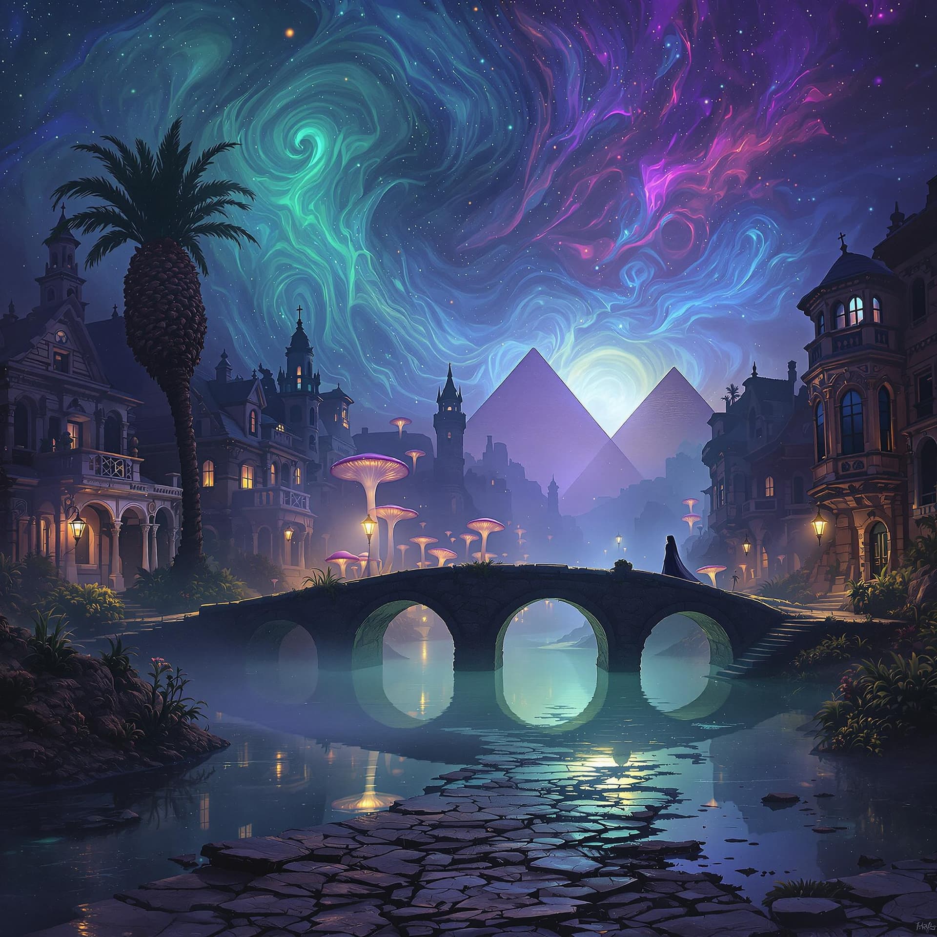 AI generated: Trippy, psychedelic, highly detailed, A wide, Egyptian town at twilight, drowned in swirling violet,...
