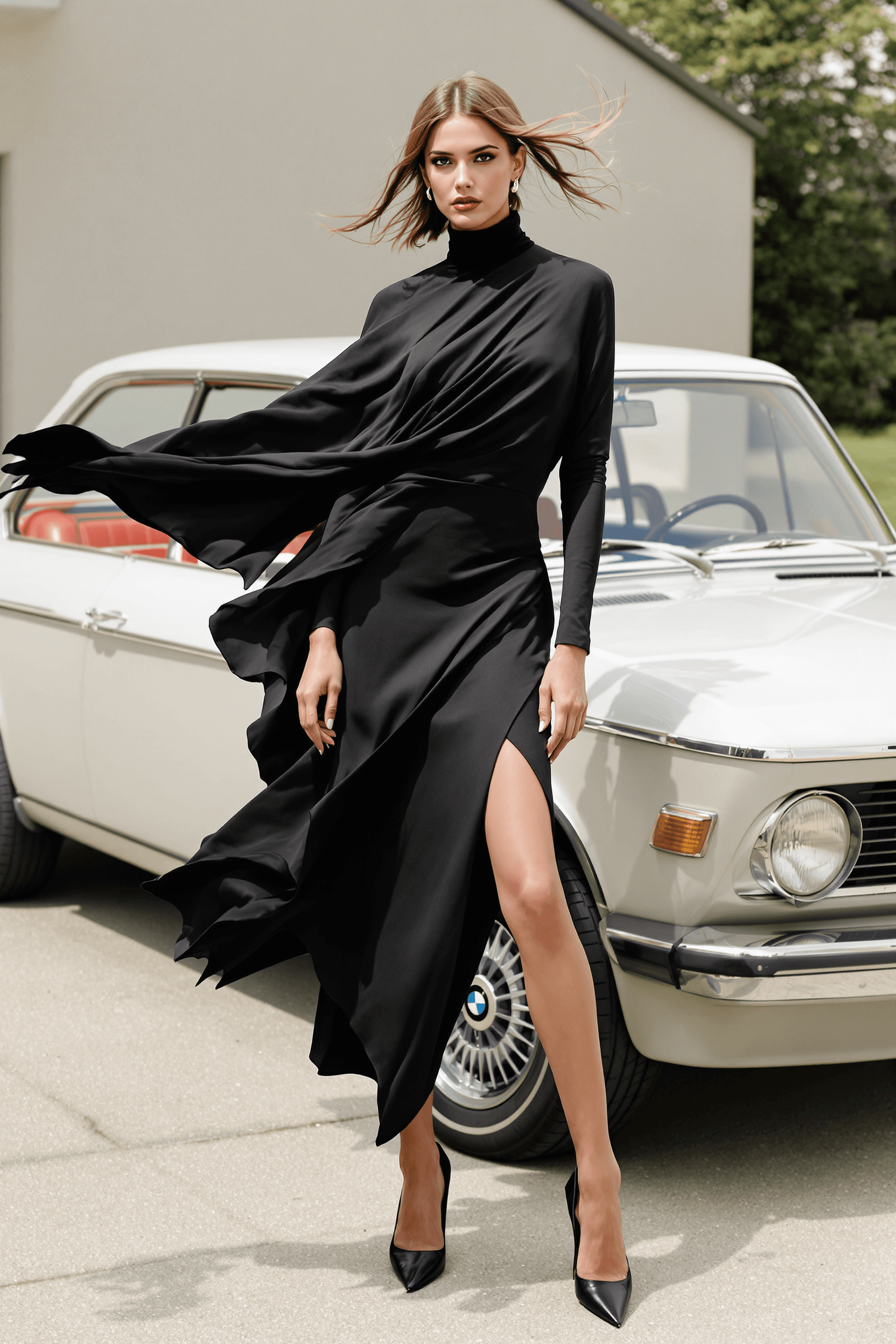 AI generated: High-fashion editorial photography, a tall model standing confidently in front of a vintage BMW car ...