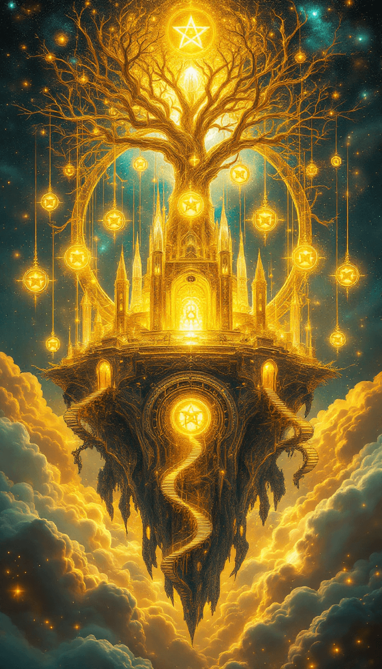 AI generated: A floating golden citadel, its towers sculpted from crystalline light, hovers in the cosmos—an ether...