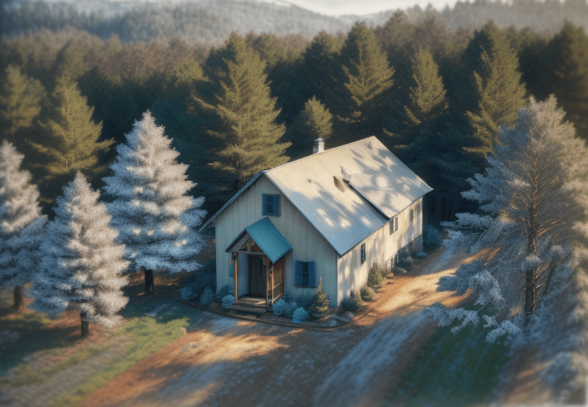AI generated: hyperrealistic farm bird view of small house. winter colours. pine trees. oak tree. 35mm photograph ...