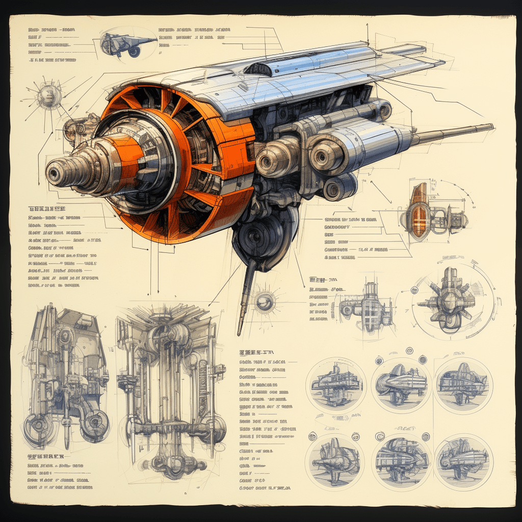 AI generated: sketches blueprint of futuristic sci fi, warp engine, warp bubble configurations, hyperdrive engines...