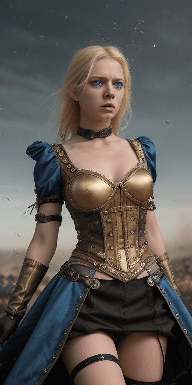 AI generated: She has an angry look on her face. Blonde hair and blue eyes. She wears a steampunk renaissance dres...