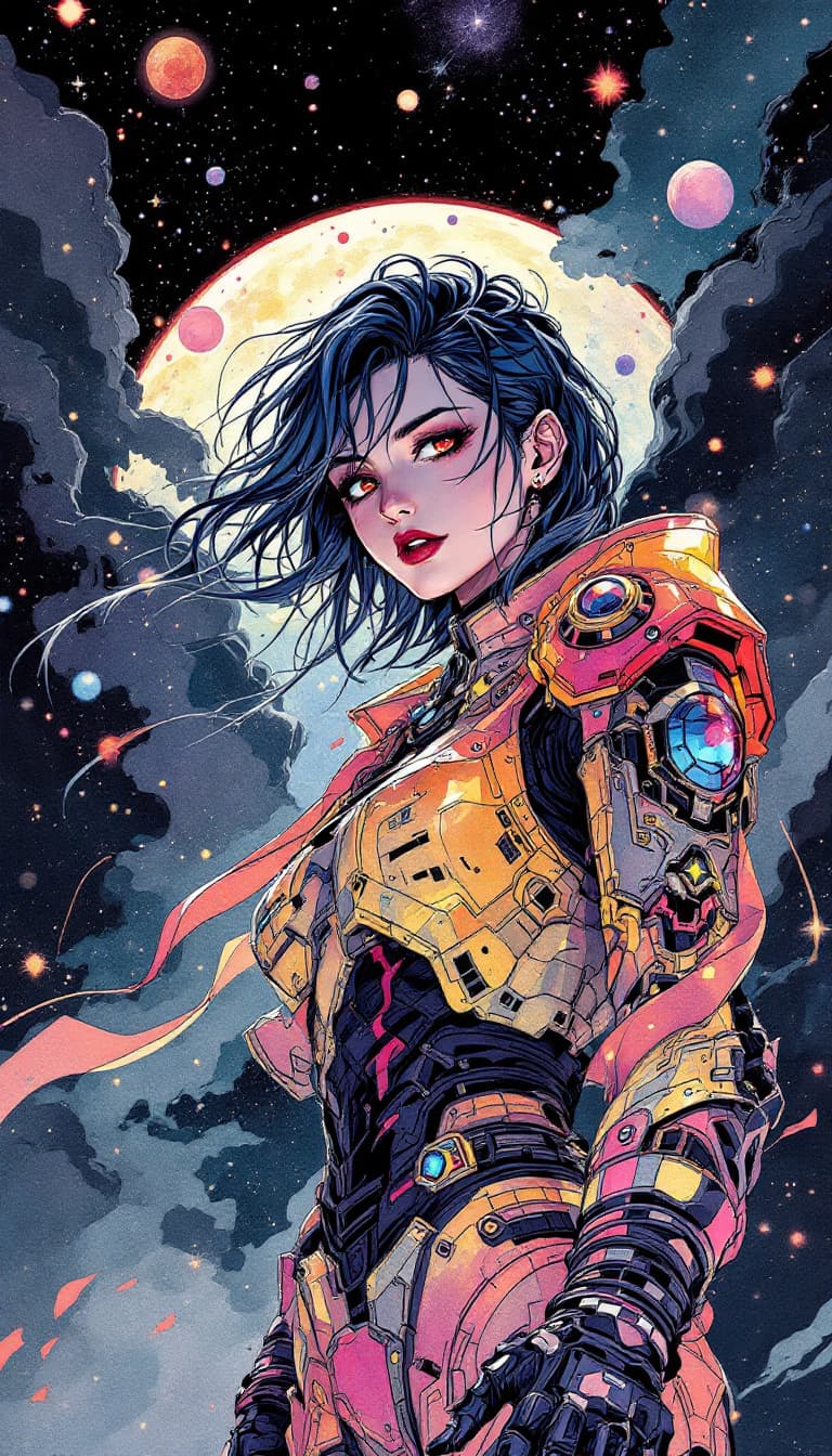AI generated: ink line illustration, soft body armor, watercolor, anime style, dark and grim atmosphere, intense c...
