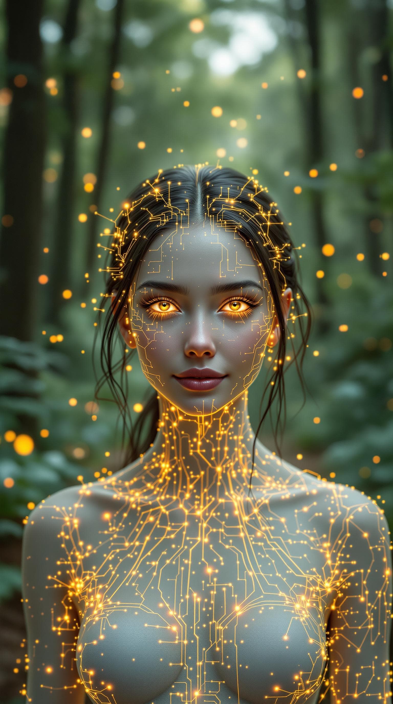 AI generated: A hyperrealistic white woman walks toward us, facing the camera, along a very realistic forest trail...