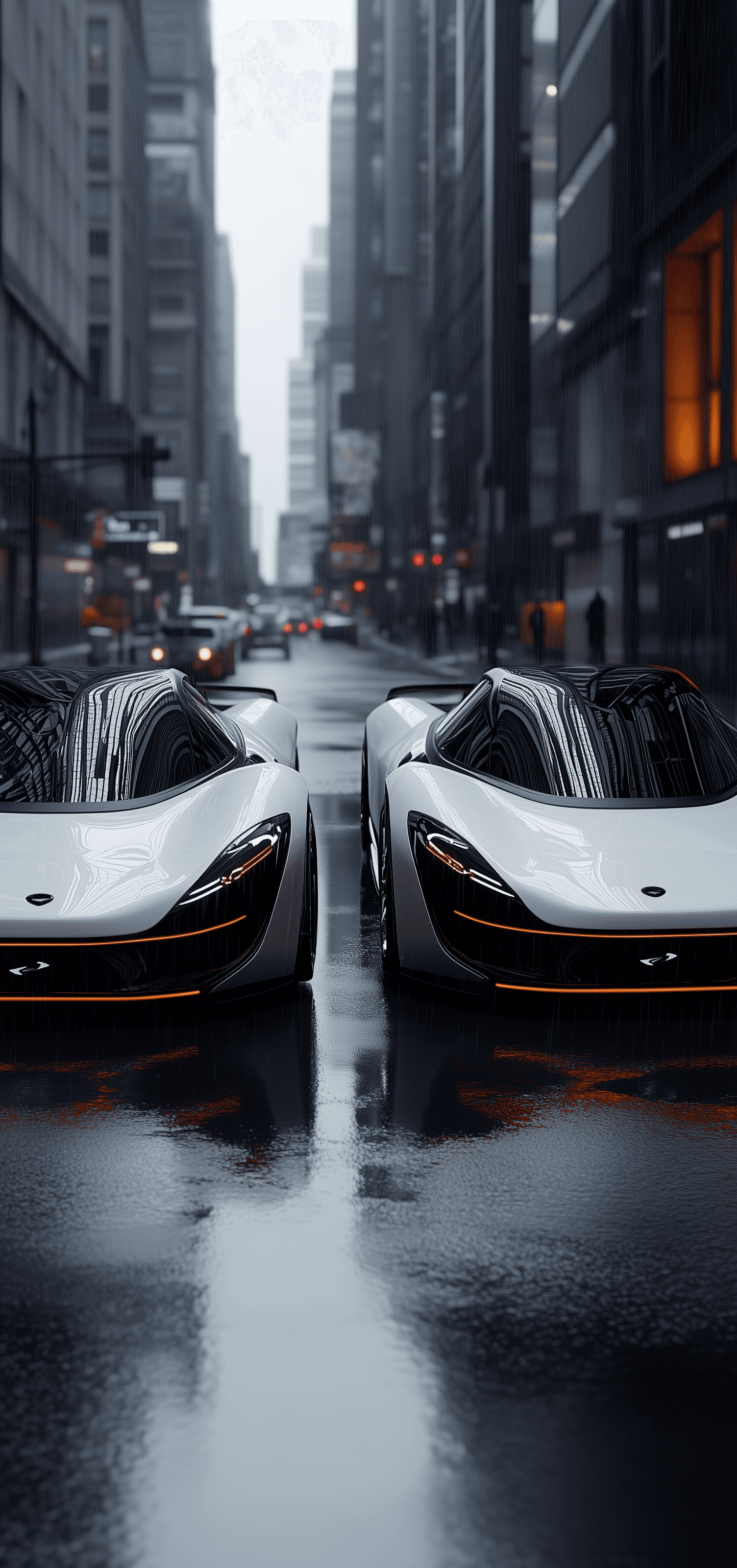 AI generated: Two white and orange McLaren Speedtail supercars parked side by side on the street of New York City,...