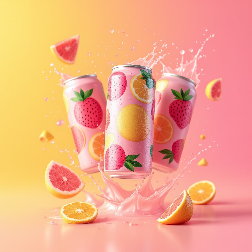 AI generated: three refreshingly cold cans positioned against a pastel yellow orange and pink sunset gradient back...