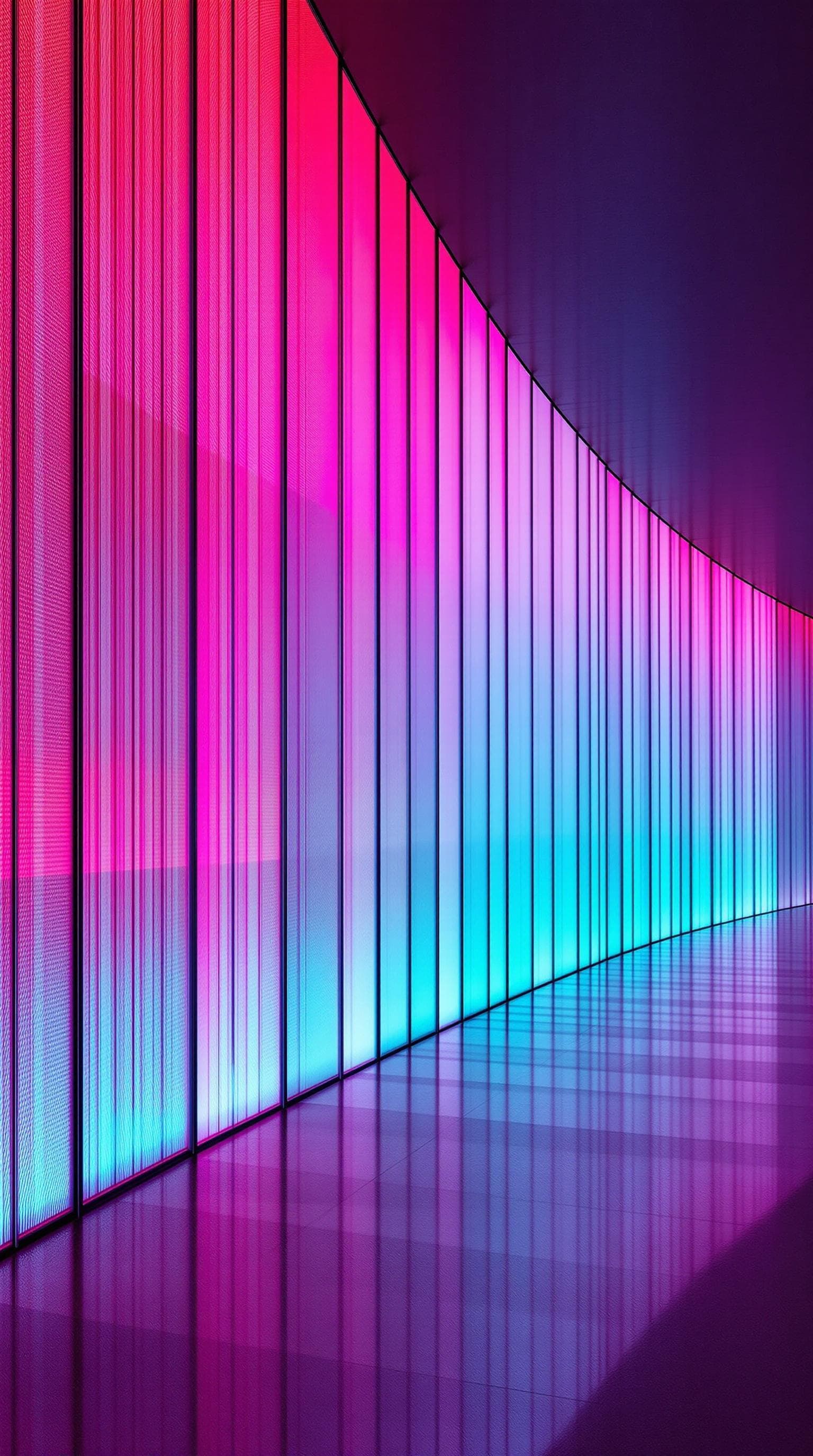 AI generated: architectural photography, perspective, interior, vertical light panels transition from red to acid ...