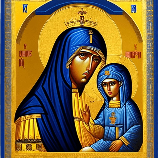 AI generated: Blue and gold orthodox icon of a male Virgin Mary, King of Heaven. He is wearing a turban
