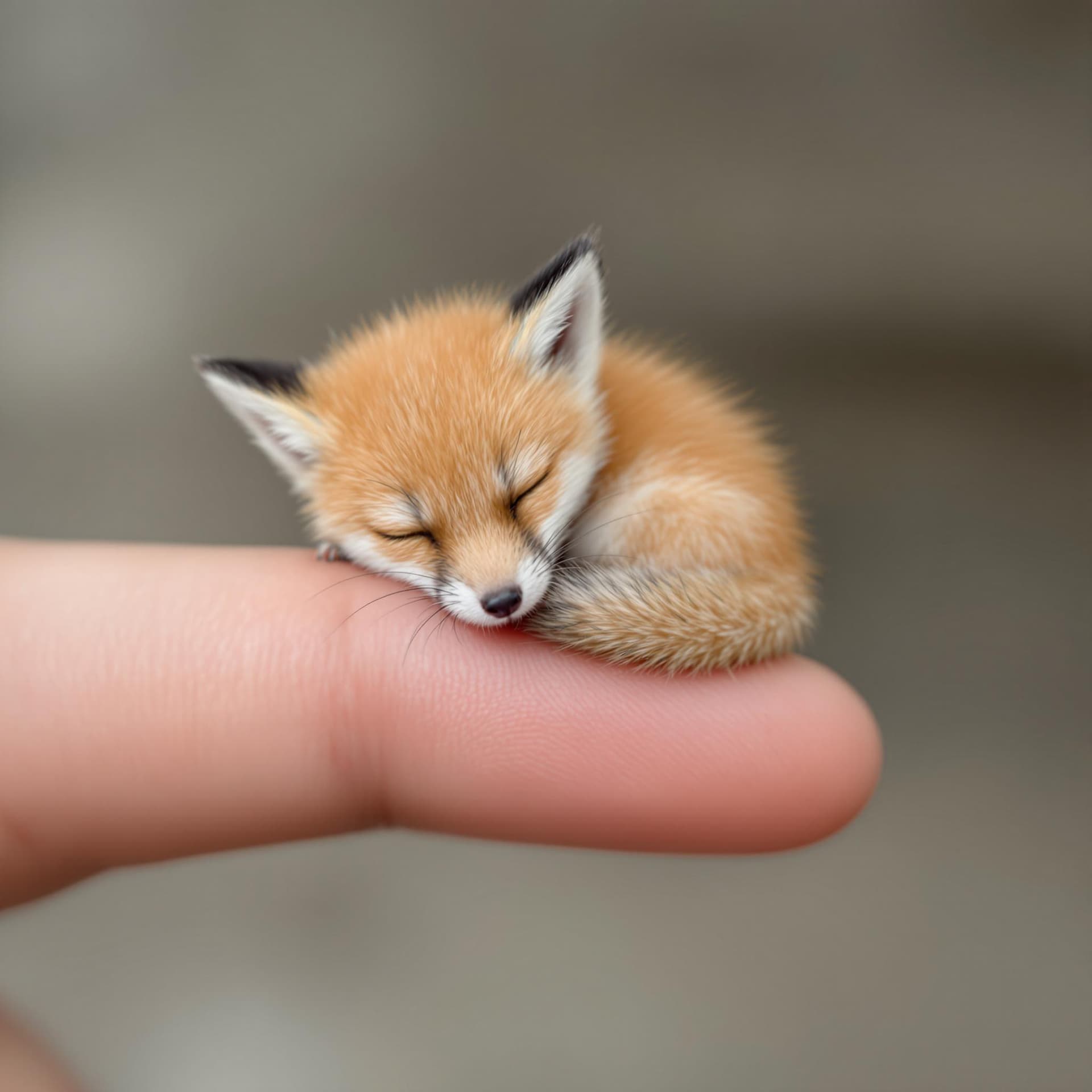 AI generated: A miniature fox, the size of a pea, curled up and peacefully sleeping on a human fingertip. Its soft...