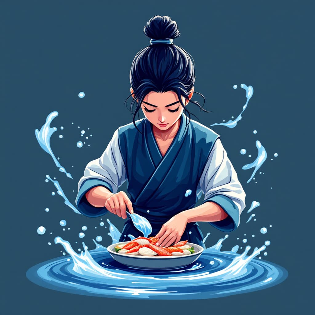 AI generated: Create a high-paying symbol for an anime-style slot game featuring a water ninja chef. This chef sho...