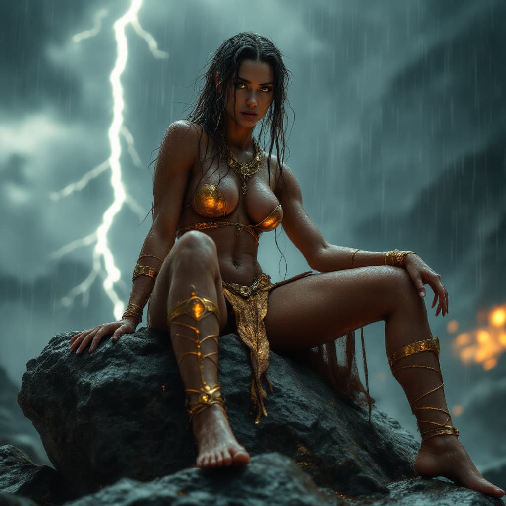 AI generated: A full-body cinematic photo of a former Amazon warrior woman seated atop a rain-drenched stone bould...