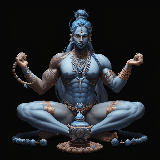 AI generated: Hyper realistic masculine, blue skin colored shiva, with man bun, and Rudraksa beads, in Nataraja po...