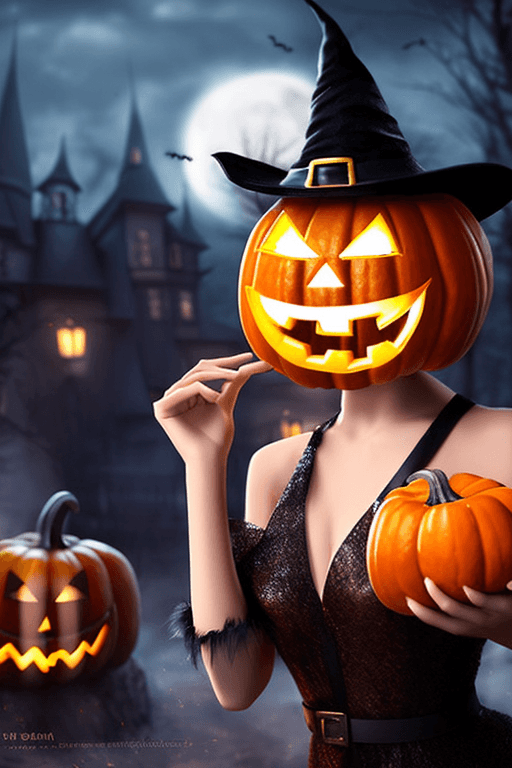 AI generated: The personification of the Halloween holiday in the form of a cute girl with short hair and a villai...