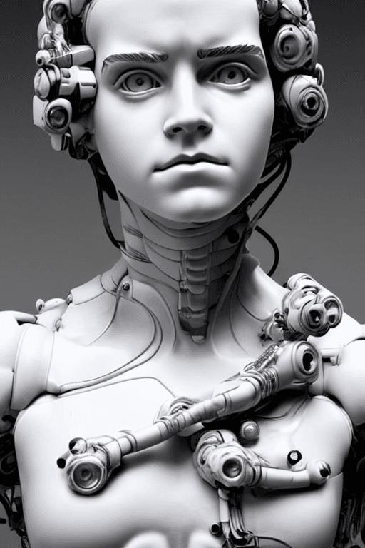 AI generated: cyborg woman emma watson Miyazaki| with a visible detailed brain| muscles cable wires| biopunk| cybe...