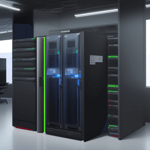 AI generated: enterprise server, A sleek, modern server rack with Google's logo subtly incorporated,A small screen...