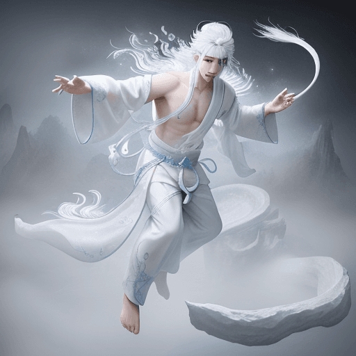 AI generated: a Chinese boy with white hair living in a cave, a celestial being, wears white Daofu, has a headband...