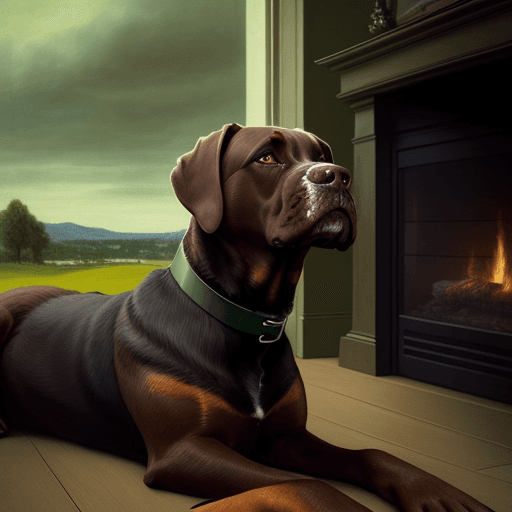 AI generated: Laying in front of a fireplace a handsome big brown and black lab/boxer mix dog is looking out into ...