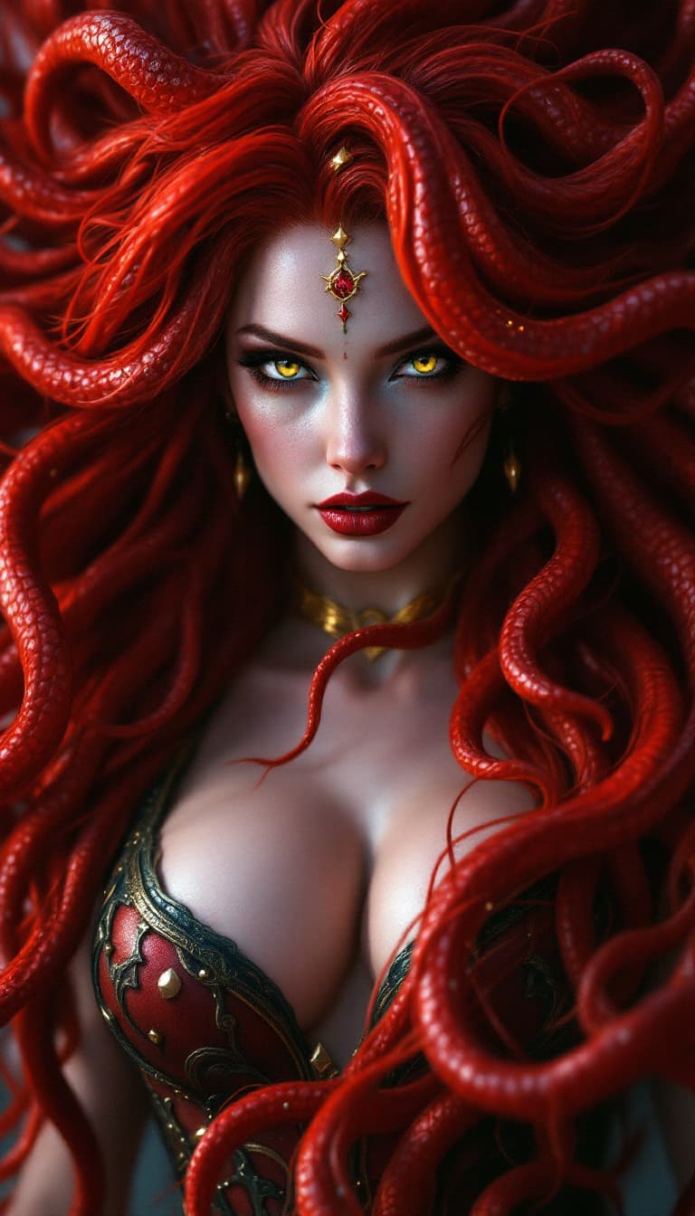AI generated: Transform to extreme vivid fantasy realism style art, ultra-detailed masterpiece, depiction of Medus...