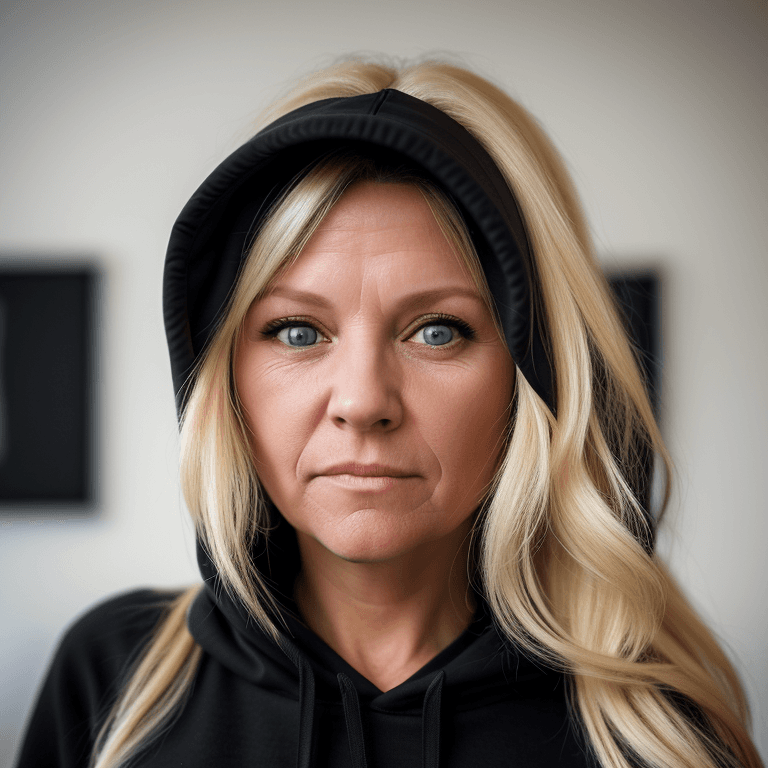 AI generated: hyper realistic headshot photo of a 45 year old woman, wearing a black hoodie, blonde long hair,  lo...