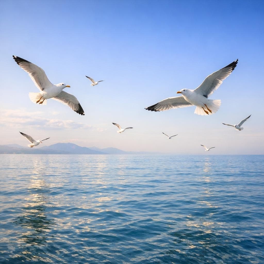 AI generated: Seagulls flying over a tranquil sea
