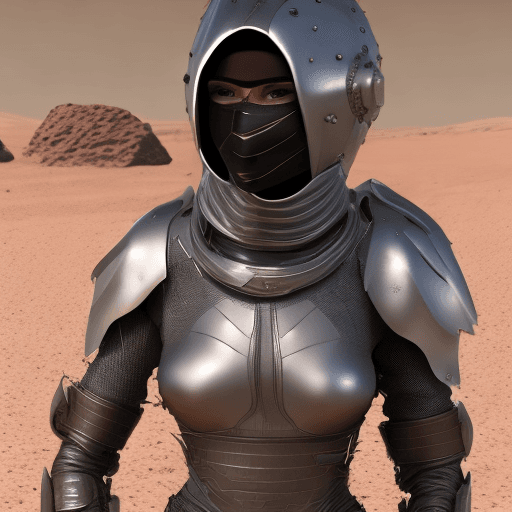 AI generated: female in futuristic armor in a desert on Mars-like planet, in the style of dark silver and dark bro...