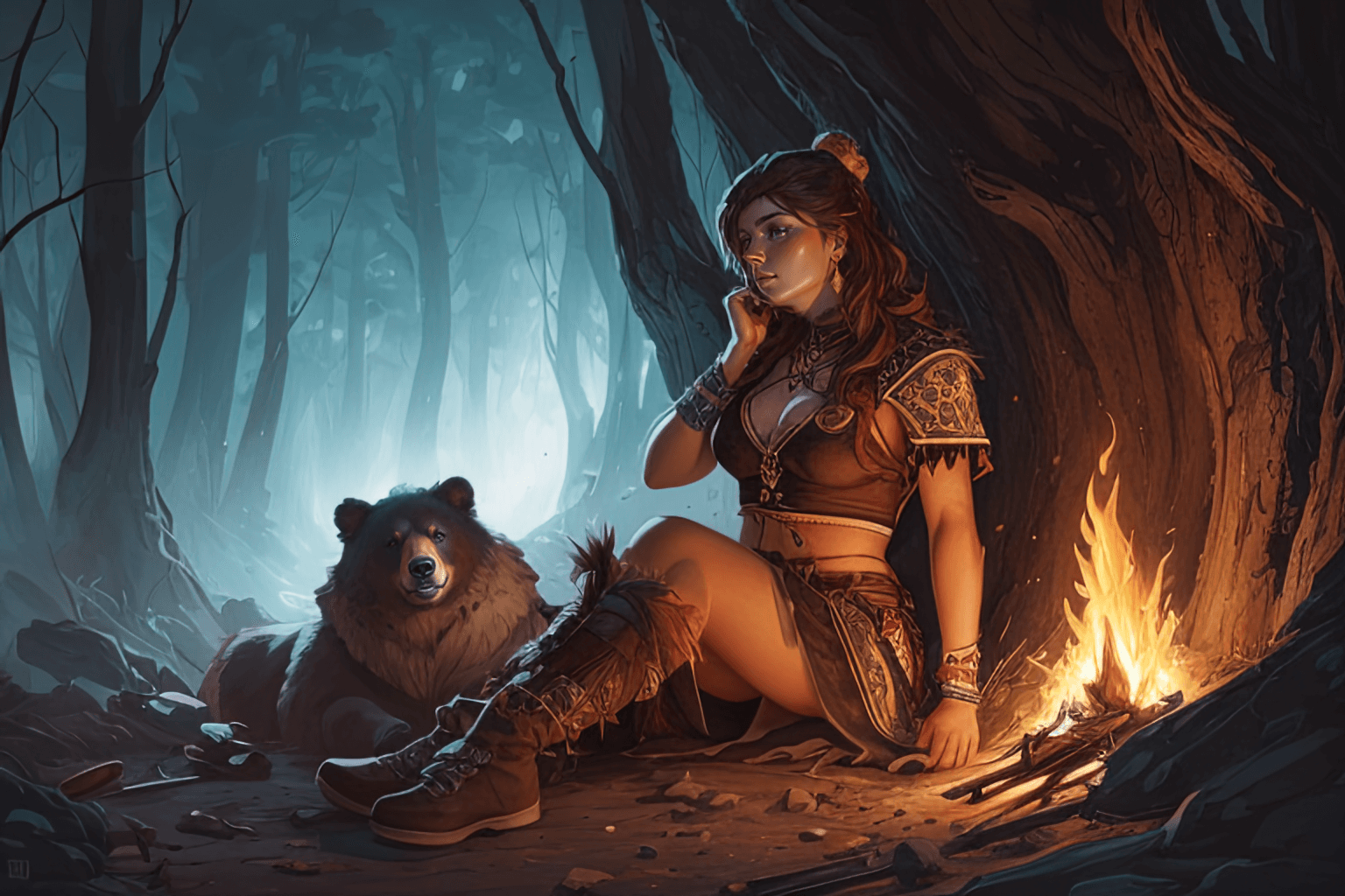 AI generated: A female barbarian, tribal outfit, bear sleeping, campfire, detailed illustration, digital art, over...
