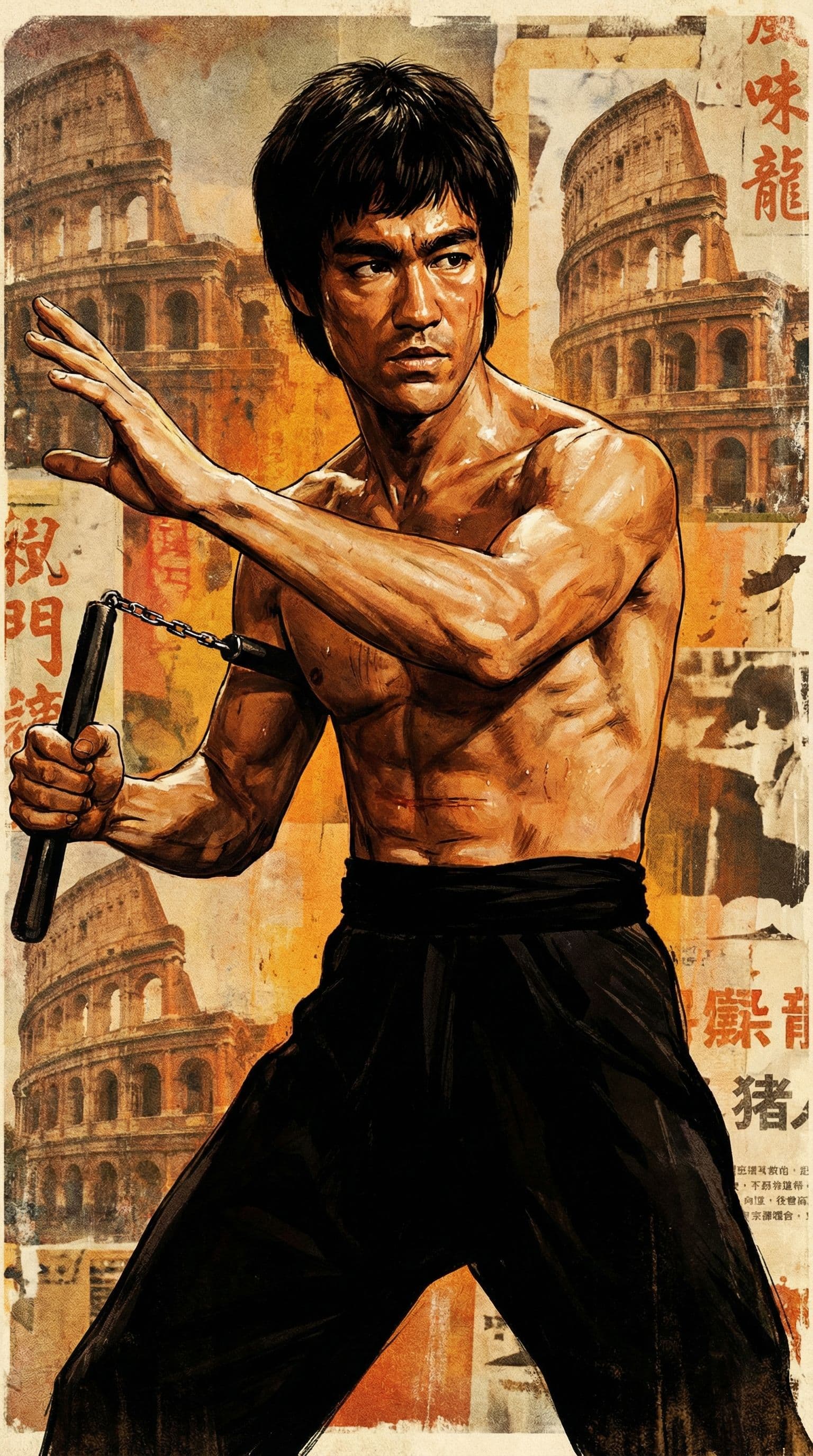 AI generated: A detailed illustration of Bruce Lee in his iconic role from the 1972 film "The Way of the Dragon," ...