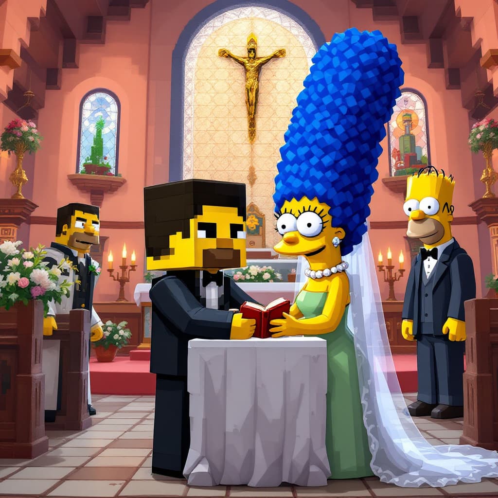 AI generated: "Steve de Minecraft (cubo pixelado, con traje de esmoquin hecho de bloques de lana negra) y Marge Si...