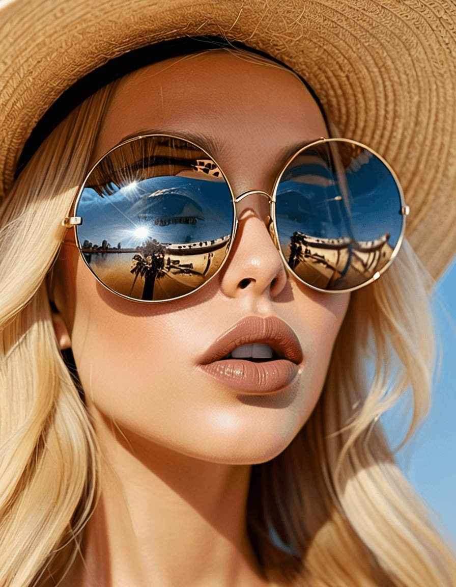 AI generated: close-up photograph of a woman wearing large circular sunglasses, highly reflective sunglasses, long...