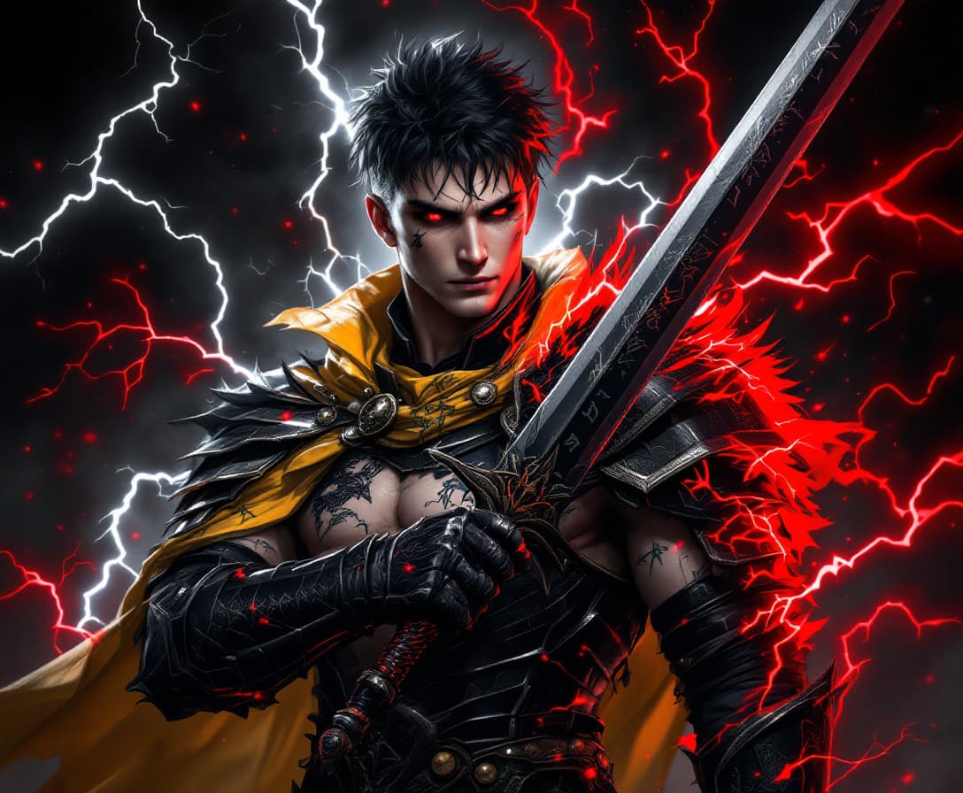 AI generated: a man with light skin, short black hair, black armor with yello fabric, and a black sword with a red...