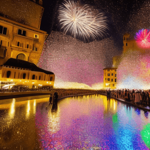 AI generated: New Year's Eve in Italy, a vibrant outdoor celebration filled with energy and glamour. People dresse...