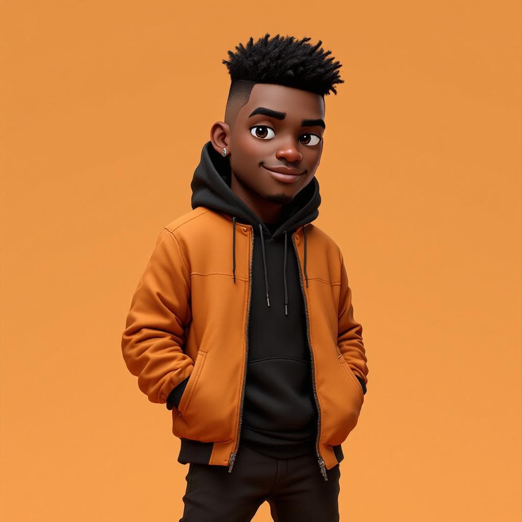 AI generated: create a black man with a buzz cut, 2d, with a nice random main color hooded 
jacket, a nice pants....
