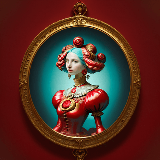 AI generated: a female in a red outfit standing, light cyan and gold, digitally manipulated images, spherical scul...