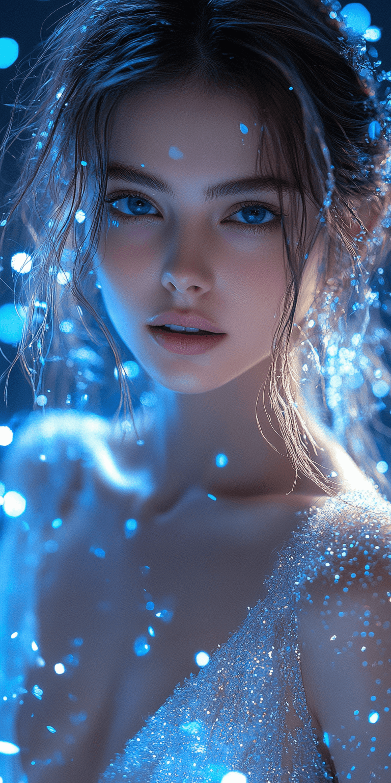 AI generated: A beautiful girl in a sparkly white dress, surrounded by blue lights and silver details, captured in...