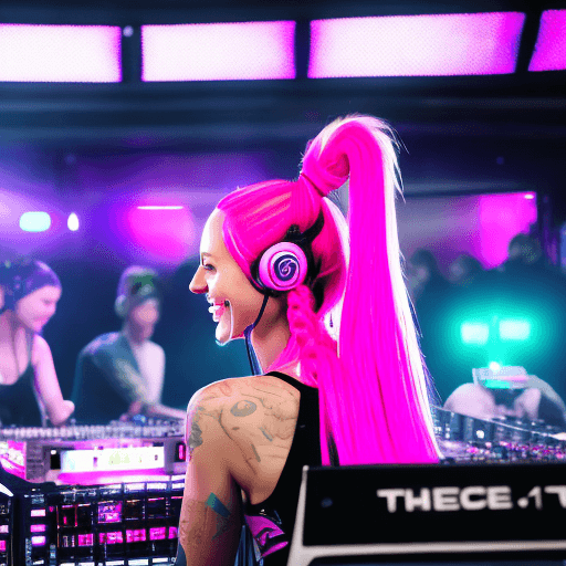 AI generated: RAW photo of female DJ, 24 years old, skinny, (futuristic DJ set:1. 2), bright pink hair, messy pony...
