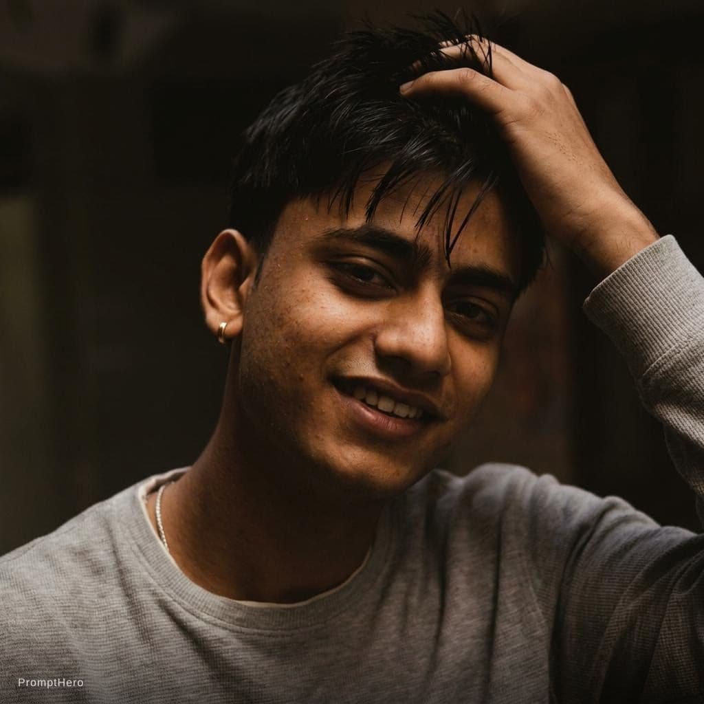AI generated: A young man with dark, curly hair and a short beard, captured in a warm, low-key lighting setup. He ...