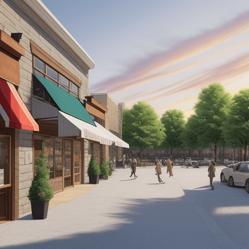 AI generated: Strip shopping center, building has stone features, building has wood features, white paint, shops, ...