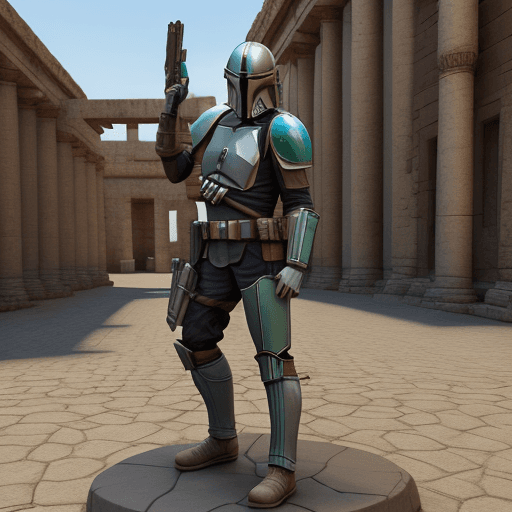 AI generated: 3d mandalorian in a ancient city, sculk on armer.