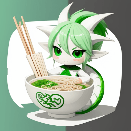 AI generated: modern style  illustration A cute white dragon with green hair holding a bowl of noodles as a noodle...
