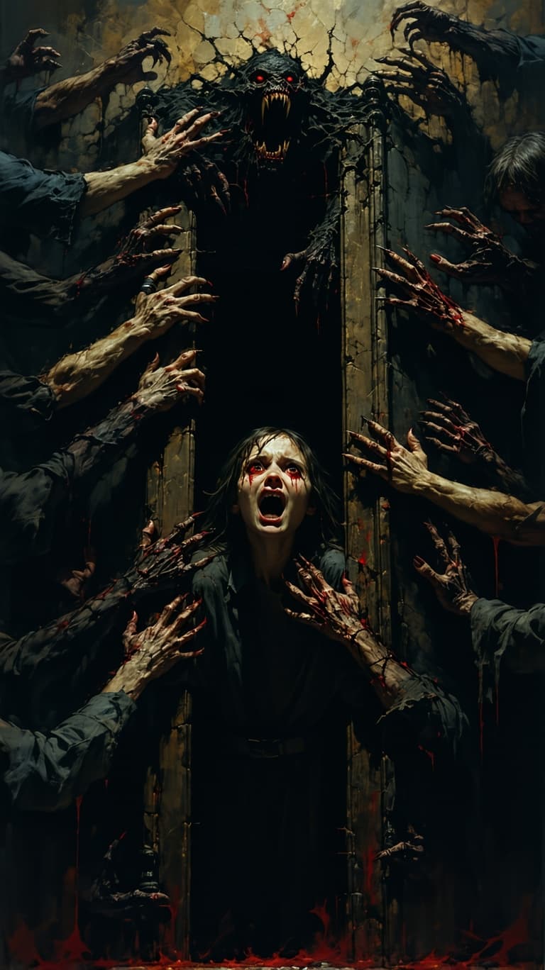 AI generated: Horror, Hyperrealistic, hellish, dystopian, nightmare, a wall full of arms and hands grabbed a perso...
