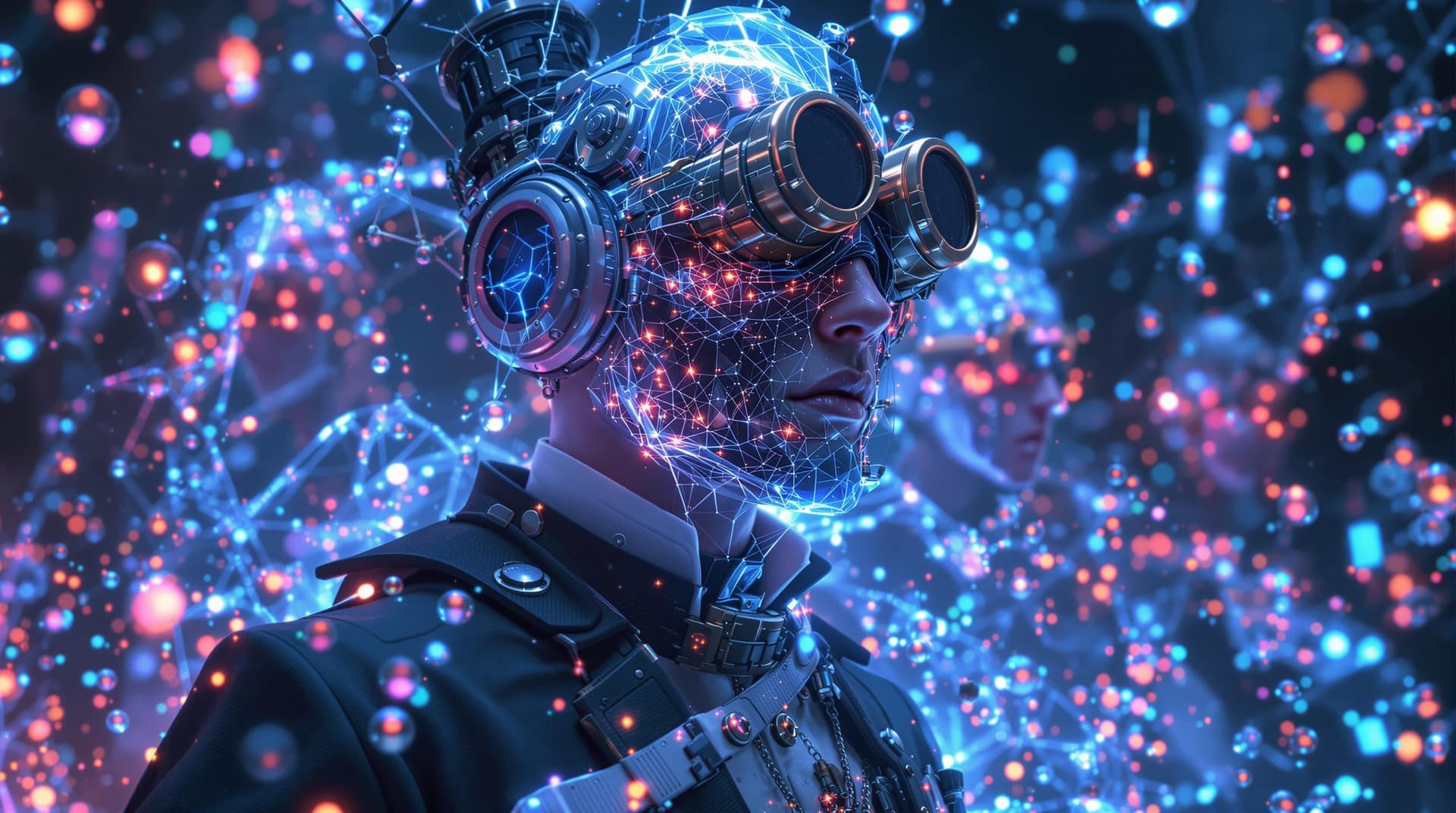AI generated: multiple hyper realistic steampunks  characters being teleported to the future, in   collums of glow...