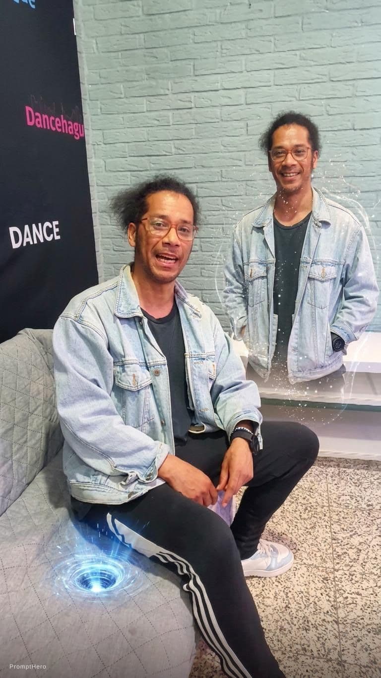 AI generated: "Scene 1: a man in a denim jacket and glasses sits on a grey couch, mid-laugh, talking casually to c...