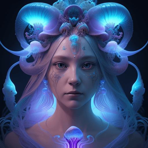 AI generated: Goddess close-up portrait ribcagel. jellyfish phoenix head, nautilus, orchid, skull, betta fish, bio...
