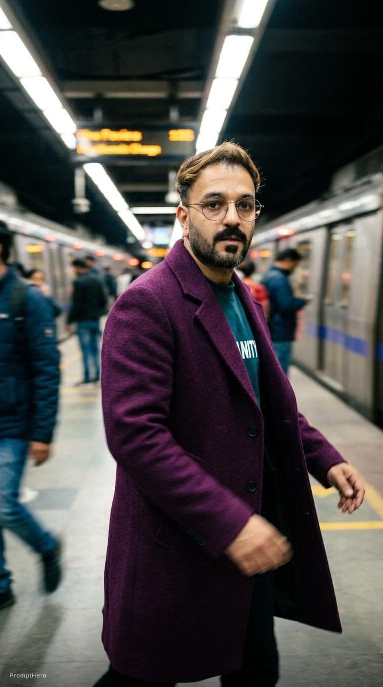 AI generated: fashion editorial photography, motion blur, male model, wearing an wool coat, deep purple color, wal...