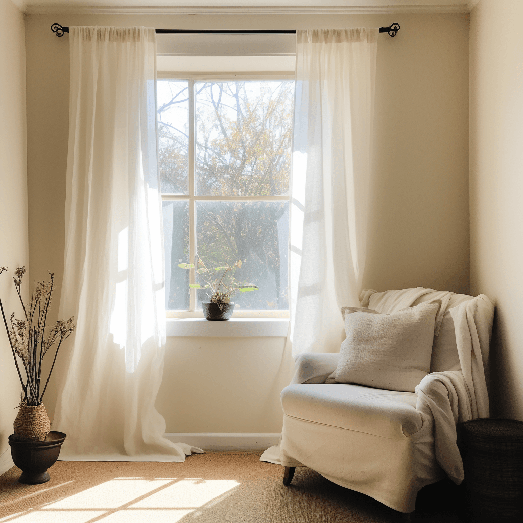 AI generated: A photo of white linen curtains in the window, taken with an iPhone camera, showcases the curtain's ...