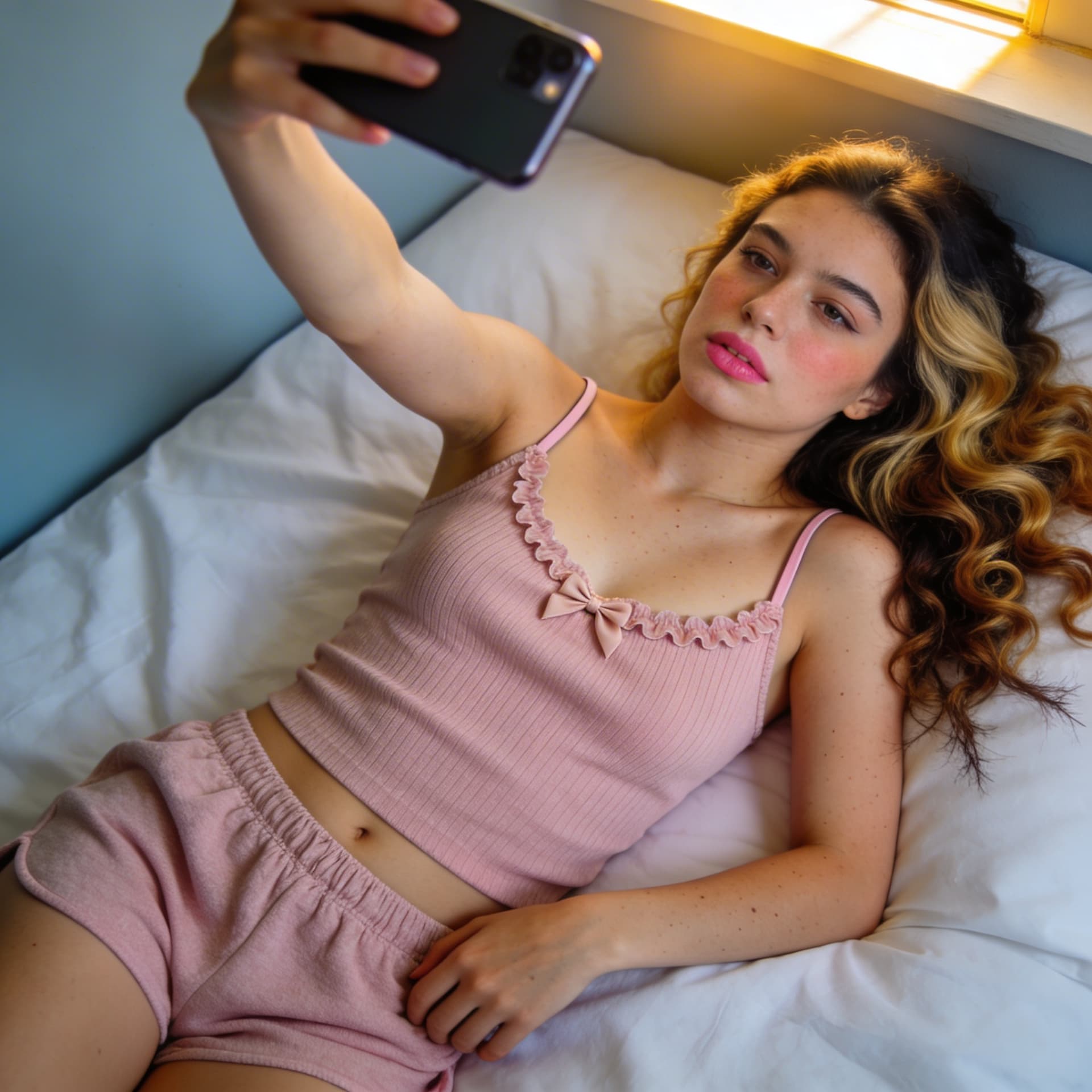 AI generated: {
"subject": {
"description": "Young woman reclining diagonally across a bed, upper body slightly pr...